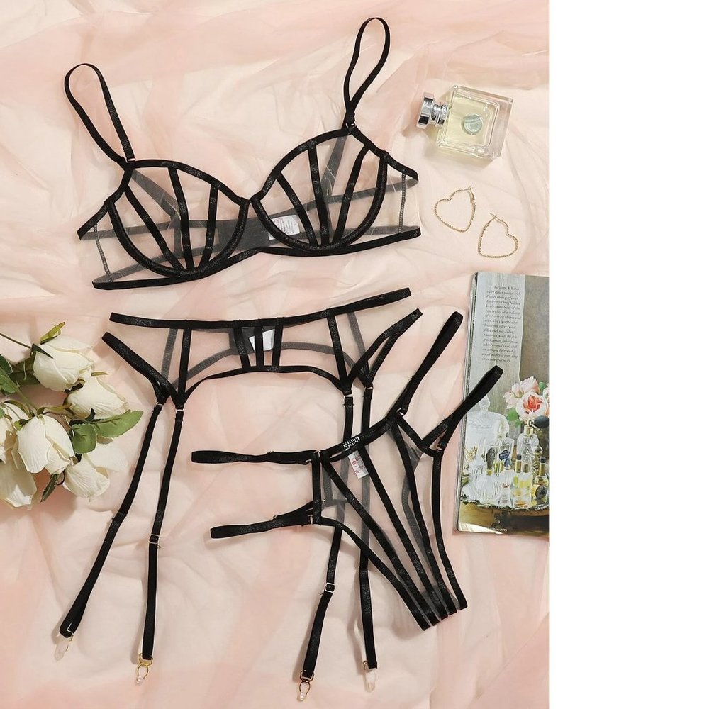 Shein Mesh Cut-out Underwire Garter Lingerie Set - black, 3X